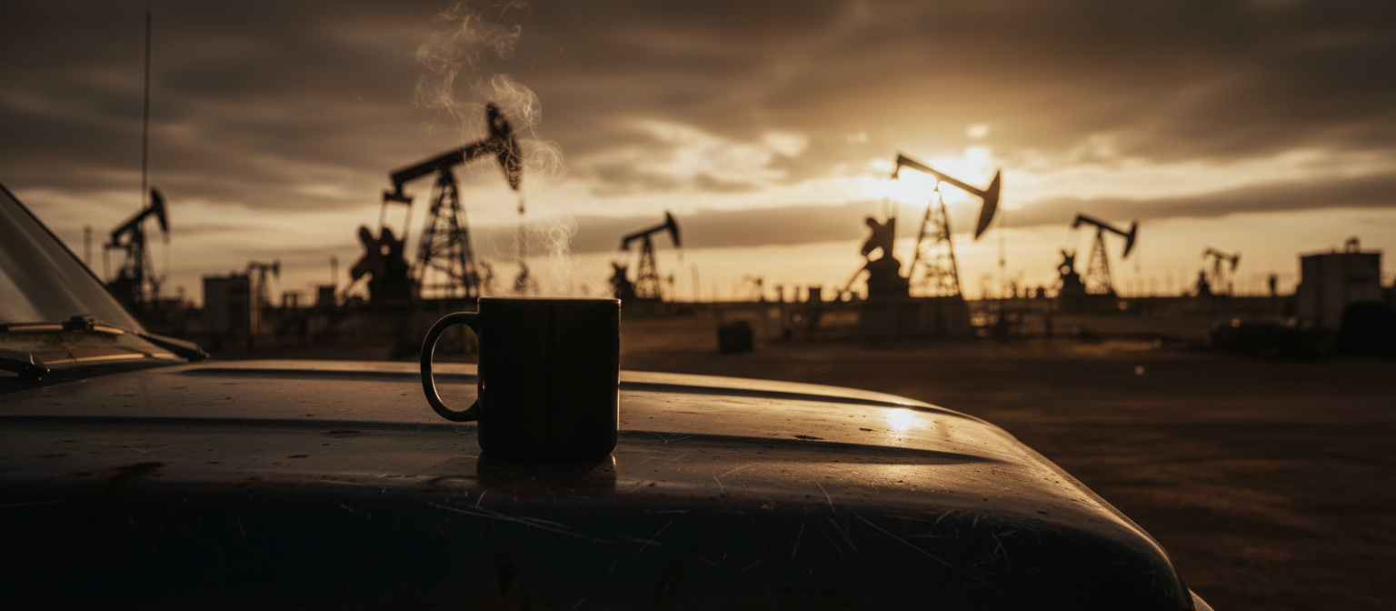 A hot mug of coffee on a work truck at sunrise in an oil field